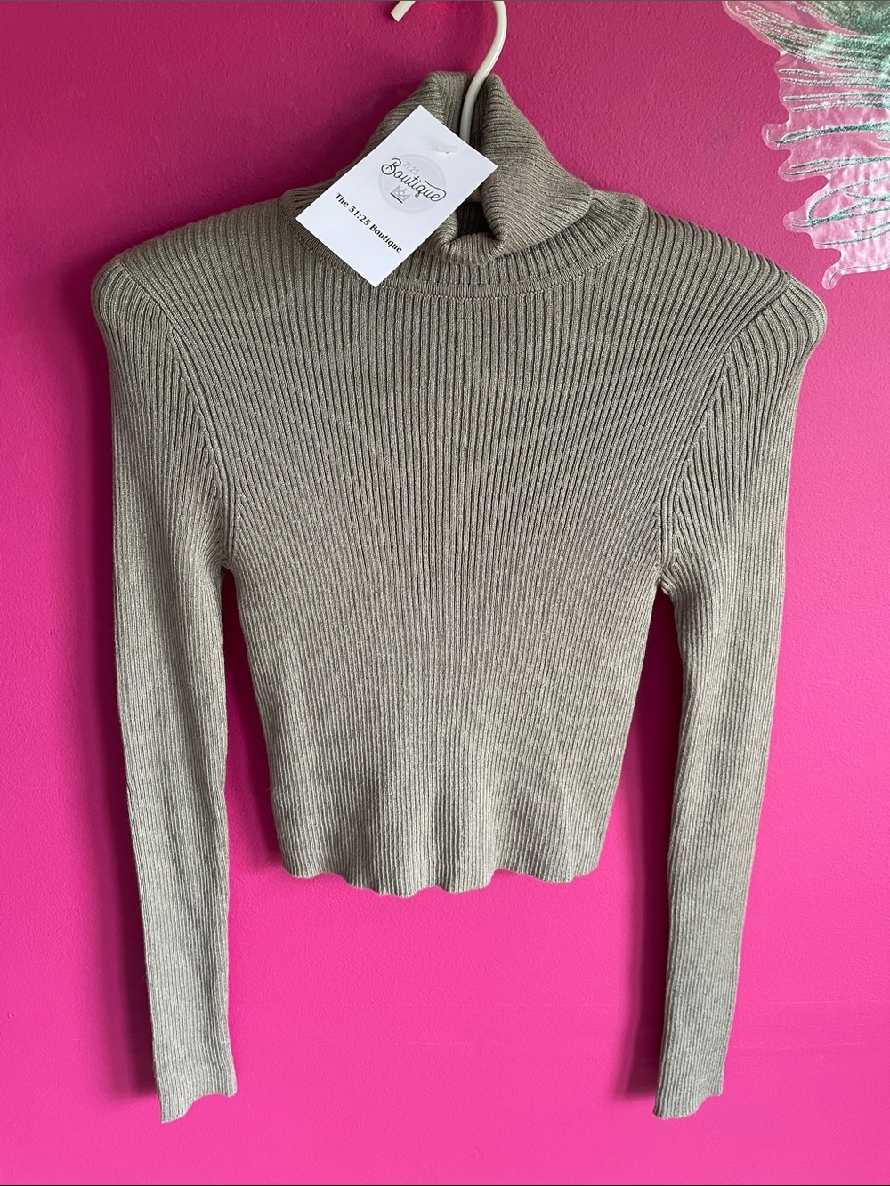 Cropped Ribbed Mock Neck Long Sleeve Sweater - OliveGreen